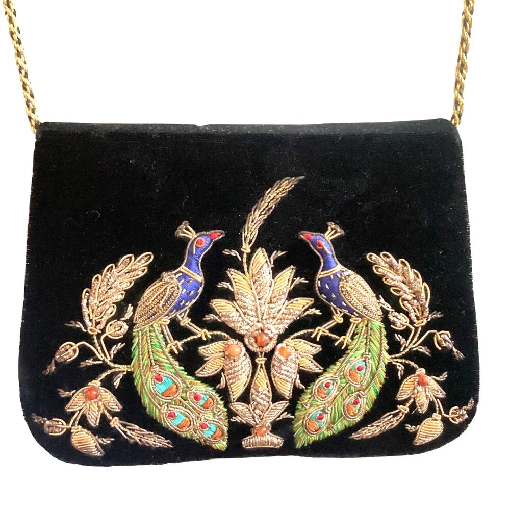 Vintage Zardozi Black Velvet Bag Clutch Gold Embroidery Double Peacock Design In